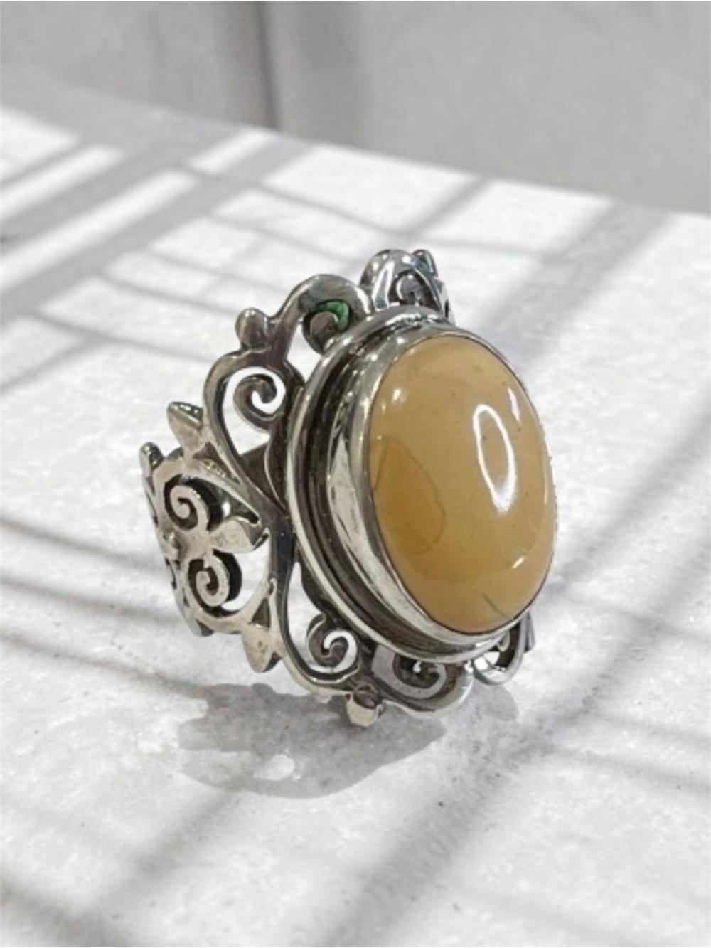 Bohemian Handmade Nepal Sterling Silver Filigree Ring with Honey Cabochon size 9